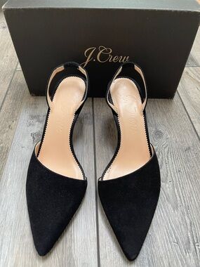 J. Crew Black Suede Pointed Asymmetrical Skinny Slingback Colette Pump Heels 7.5